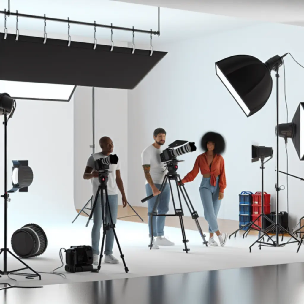 Camera and lighting setup for a commercial video shoot