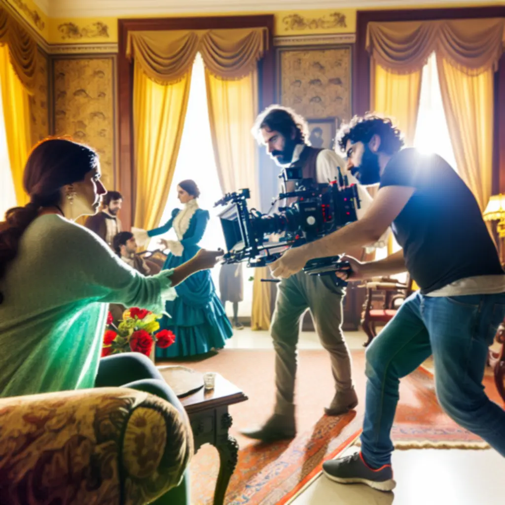 Cinematic feature film shoot with lighting and camera crew on set