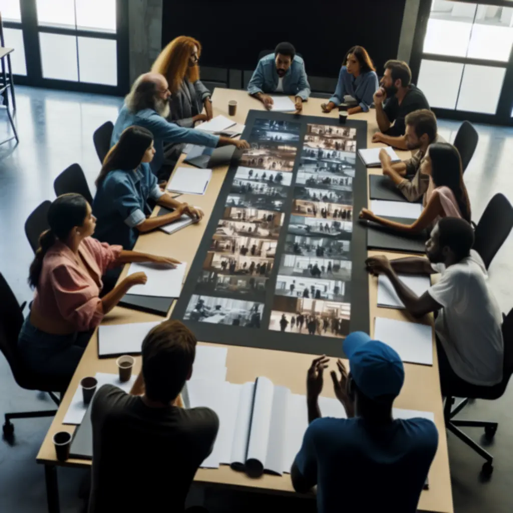 Production team and clients in a workshop reviewing storyboards and schedules