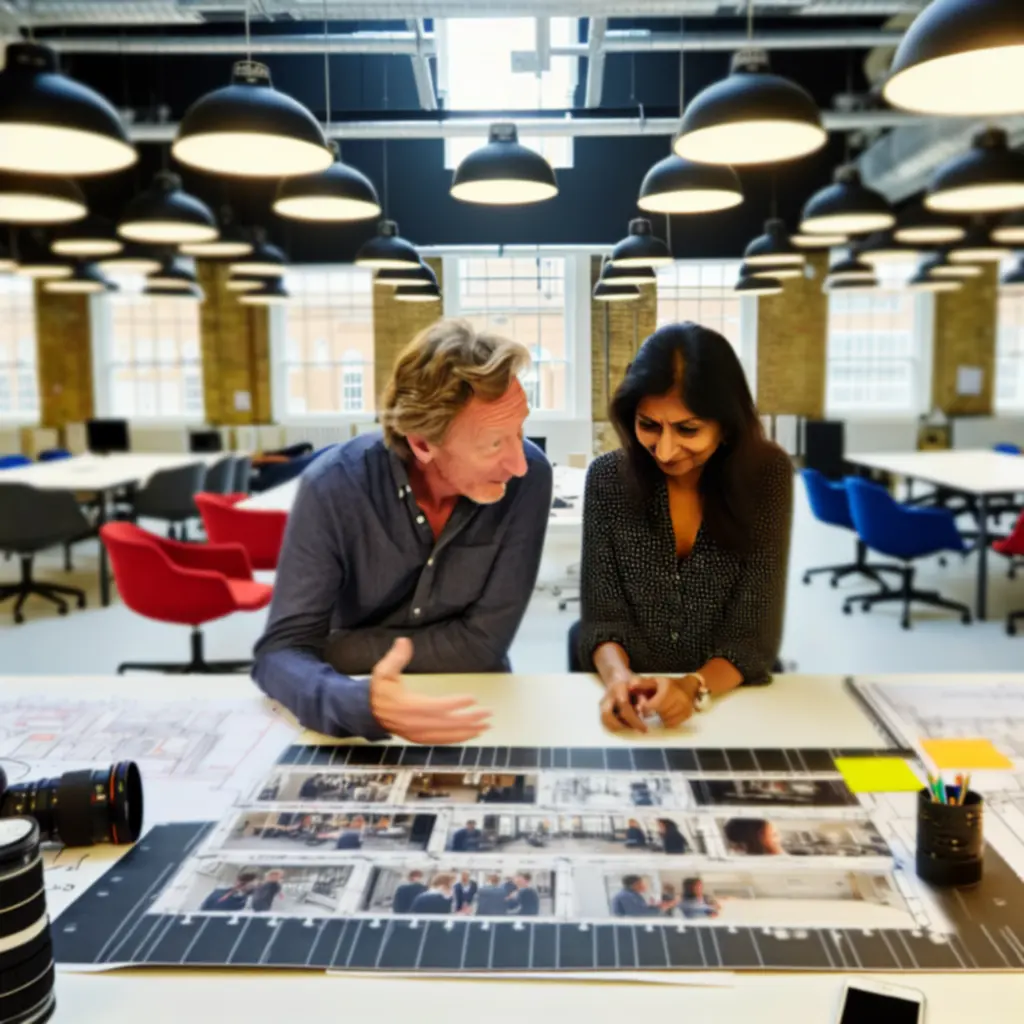Two film company founders reviewing a storyboard in a meeting room