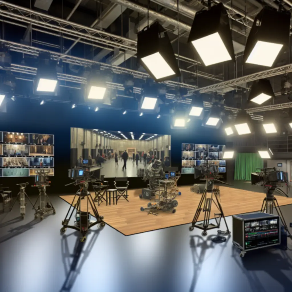 Dimly lit film studio with cameras and lighting equipment