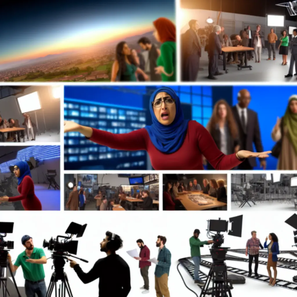 Film crew operating cameras, lighting, and sound equipment on a studio set