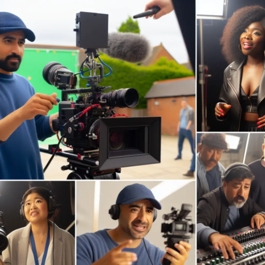 Film crew shooting on location with camera and lighting equipment