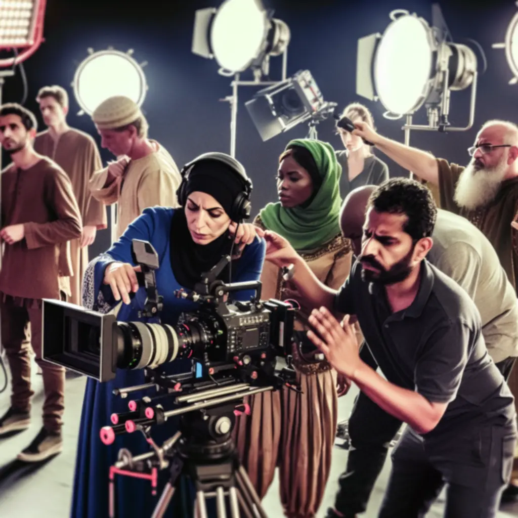 Film crew on set operating cameras and lighting equipment.