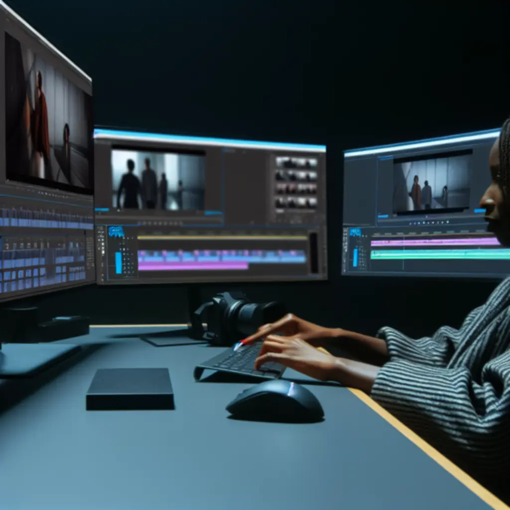 Editor working in a post-production suite with multi-screen timeline setup