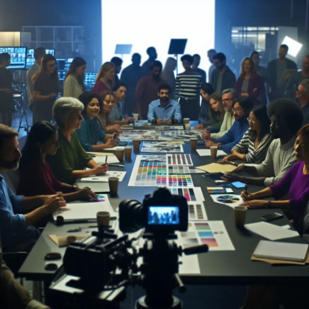 Cinematic production studio environment with lighting and camera equipment.