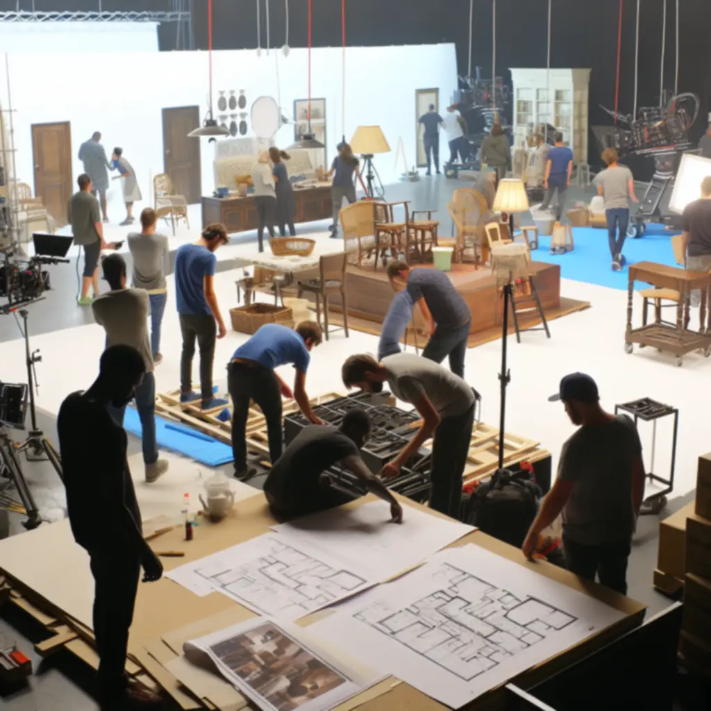 Production design team preparing a cinematic set with lighting and props.